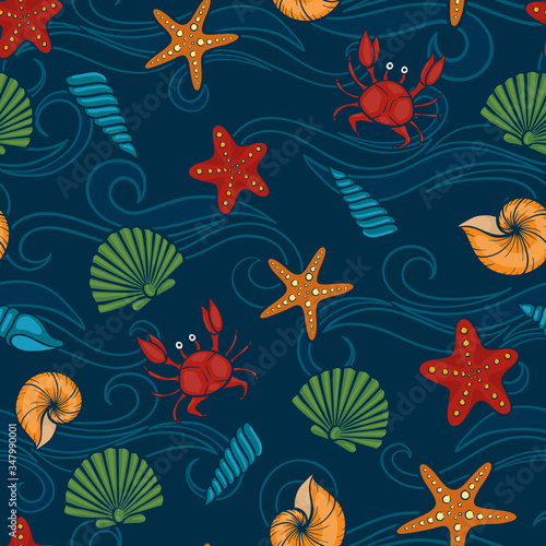 Seashell seamless pattern. design for holiday kids clothes, greeting card and invitation of seasonal summer holidays, summer beach parties, tourism and travel
