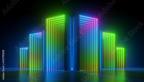 3d render  abstract colorful neon background  empty boxes with green blue pink light illumination inside.