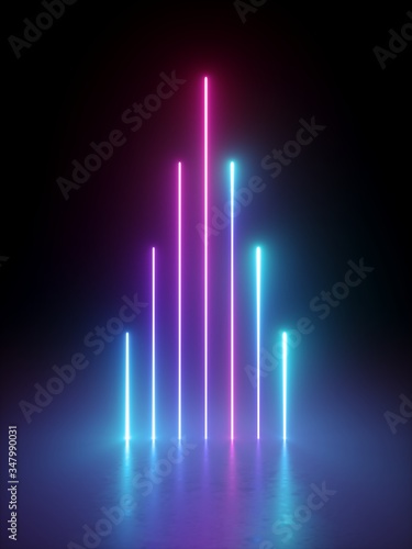 3d rendering of vertical glowing lines isolated on black background. Neon light rays. Abstract minimal geometric design. Virtual reality futuristic graphics. Ultraviolet spectrum.