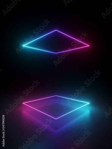 3d render, abstract minimal geometric background. Glowing neon lines. Stage laser show illumination. Blank rectangular shapes, square frames, virtual reality with copy space