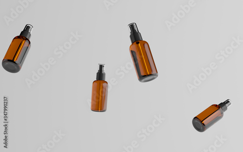 Amber Spray Bottle Mockup - Multiple Floating Bottles. 3D Illustration photo