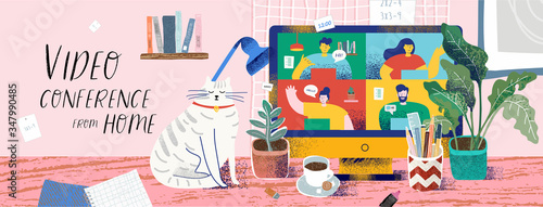 Video conference from home for online meetings and work. Vector illustration of a cozy desktop with a computer and a monitor with people, a cat, a plant, coffee and a stationery. Drawing for bunner