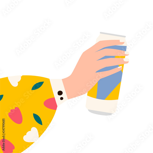Female hand holding jar of beer. Woman's hans in bright clothes with memphis pattern holding cider jar. Alcohol drink. Concept of beer lover. Side view. Flat vector illustration