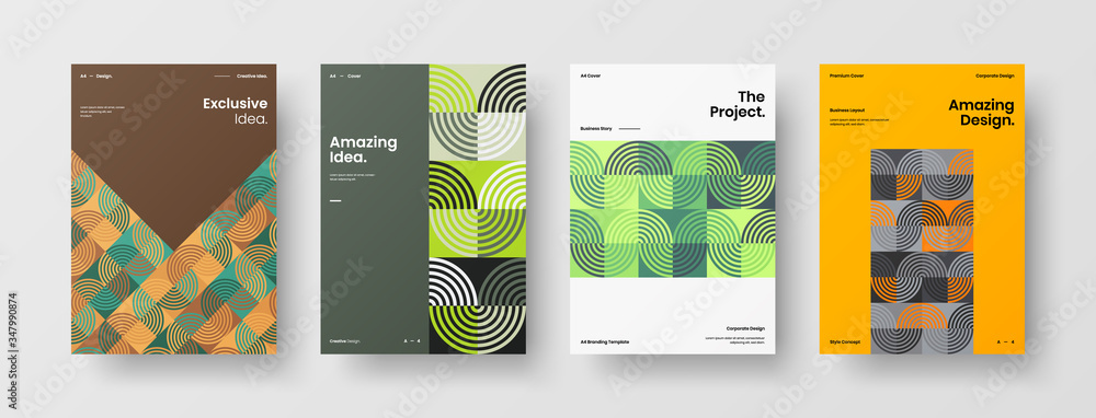 Company identity brochure template collection. Business presentation vector A4 vertical orientation front page mock up set. Corporate report cover abstract geometric illustration design layout bundle.