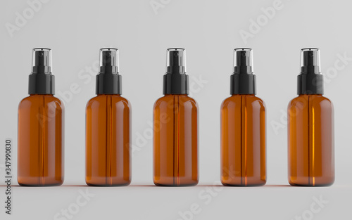 Amber Spray Bottle Mockup - Multiple Bottles. 3D Illustration photo