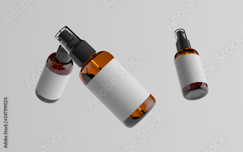 Download Amber Spray Bottle Mockup Multiple Floating Bottles Blank Label 3d Illustration Stock Illustration Adobe Stock