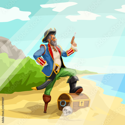 pirate with treasure on beach