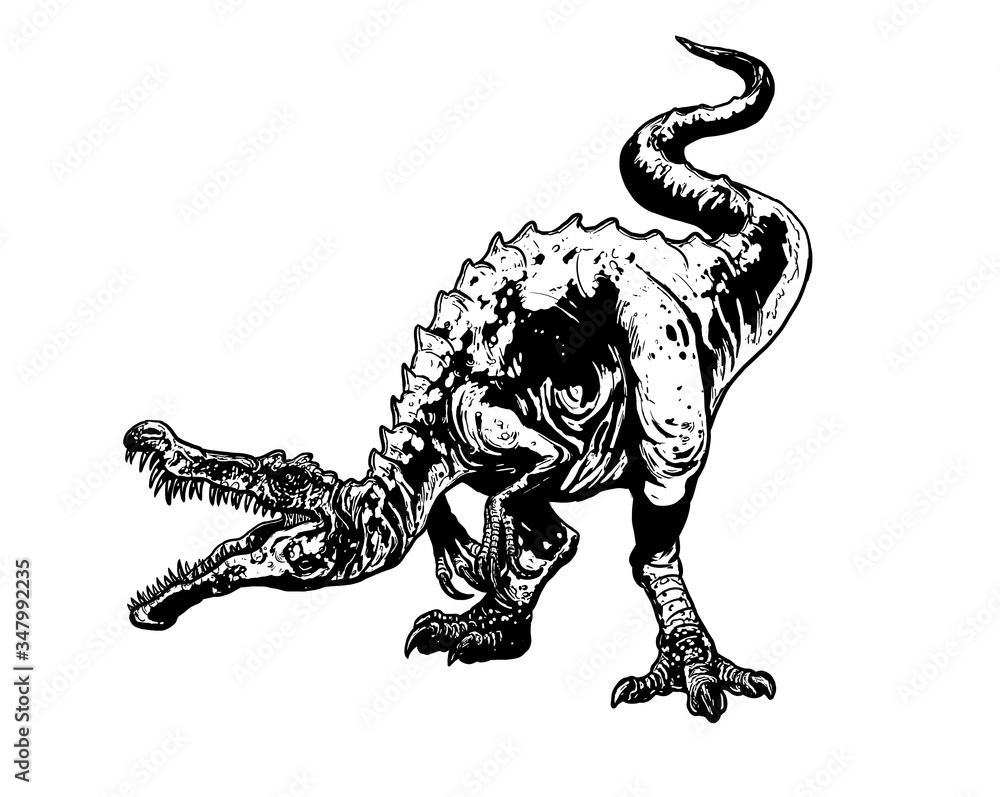 Obraz premium Carnivorous dinosaur - Baryonyx. Dino attack isolated drawing. Coloring page for kids and adults. 