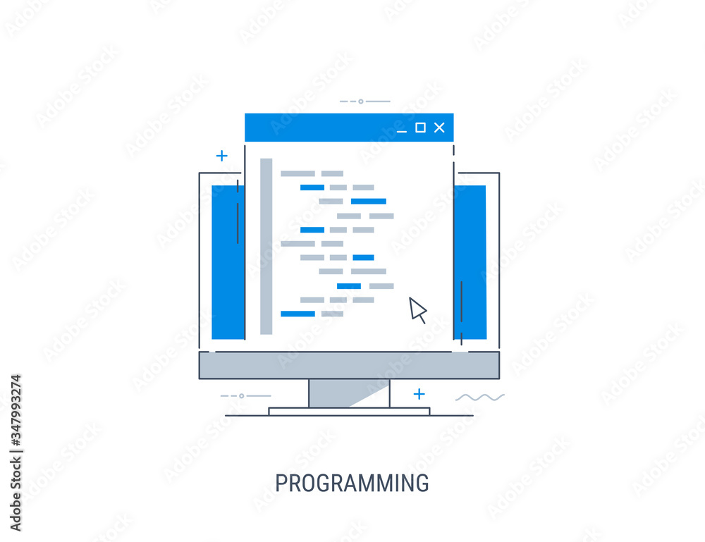 Programming and coding. Development and debugging. Flat modern line-art vector illustration. Programming and coding. Development and debugging. Flat modern line-art vector illustration.