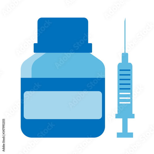 Plastic blue bottle with antiviral medicine remdesivir and syringe for injection, treatment of caronavirus covid-19 and vaccination. All objects are isolated.