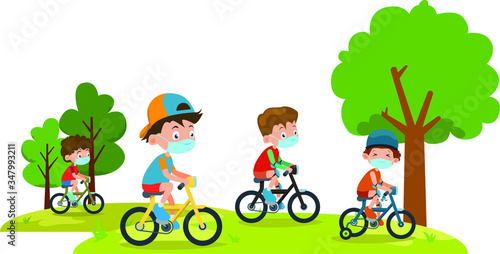 childrens are cycling outside together while using medical mask