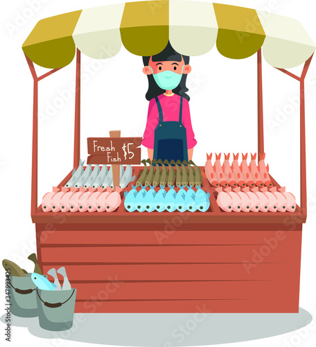 A fish vendor selling fresh fishes illustrartion