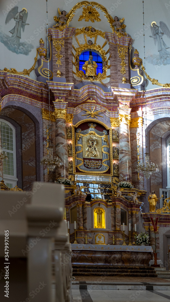 AGLONA, LATVIA – MAY 3 , 2020: Majestic Aglona Cathedral One of the Most Important Catholic Spiritual Centers in Latvia. Deatail of the Interior of an Old Church.