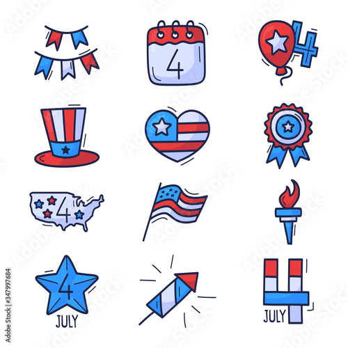 4 July icon set. Usa Independence Day hand drawn doodle Icons Isolated On White Background. Hand Draw cartoon style Traditional United States