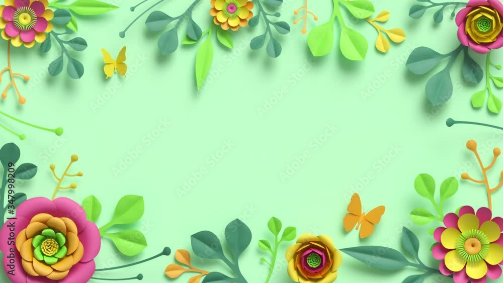 Festive floral frame animation. Blank botanical template with copy space. Colorful paper flowers and green leaves growing, appearing on pastel mint background. Decorative floral arrangement