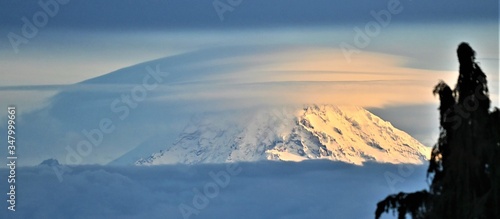 Mt Rainer with clouds, sunset