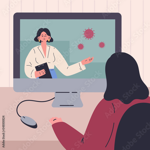 Young woman watching news at home on computer. News about coronavirus. A woman monitors the situation in the world.Isolation at home.Flat cartoon character.Colorful vector illustration.