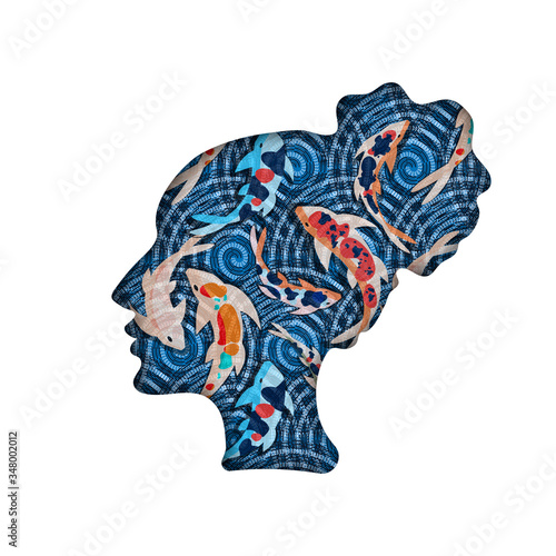 Vector art. Profile of a young woman. Pattern of carp under the water surface. Mosaic in Greek style, ethnic vibes. Calm, travel, meditation, study and knowledge of the concept.
