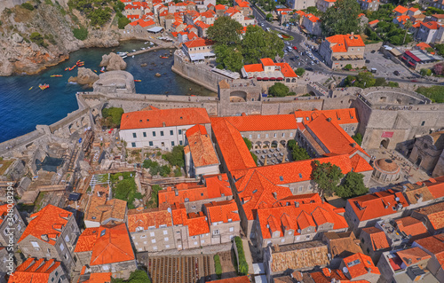 DUBROVNIK, CROATIA - JULY 13 2019: Aerial panorama of the old city western defense walls with fortress Bokar