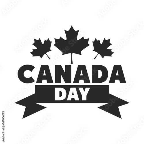 canada day, lettering maple leaves ribbon celebration silhouette style icon