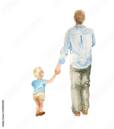 Back view of father and toddler son going together isolated on white background. Original watercolor illustration of fatherhood