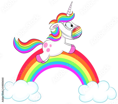 Einhorn vor Regenbogen mit Mundschutz - Vektor-Illustration