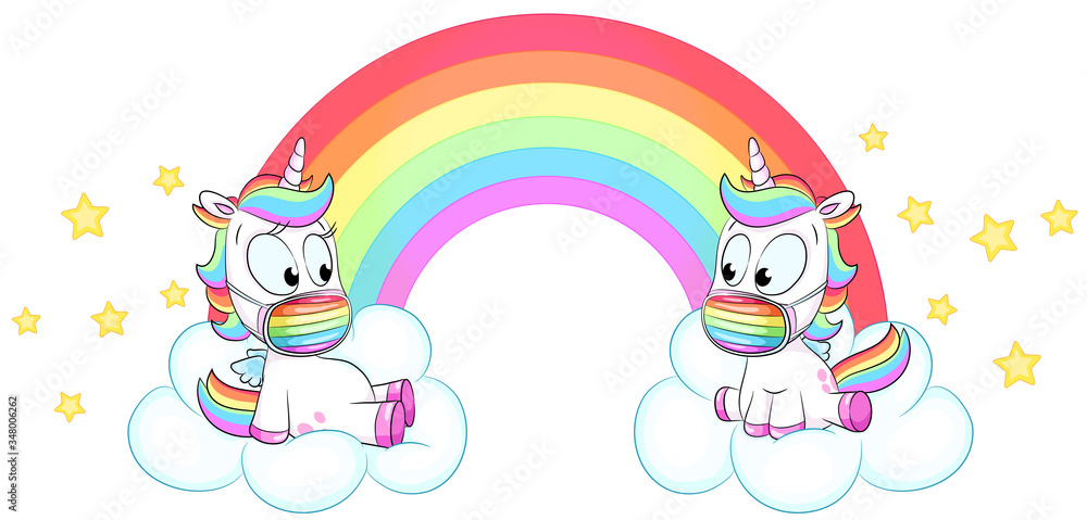 Obraz premium Zwei niedliche Einhörner vor Regenbogen mit Mundschutz - Vektor Illustration
