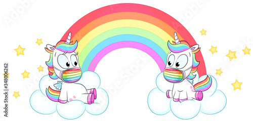 Zwei niedliche Einhörner vor Regenbogen mit Mundschutz - Vektor Illustration