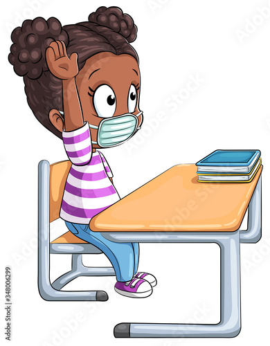 Mädchen an Schultisch mit Mundschutz - Vektor-Illustration