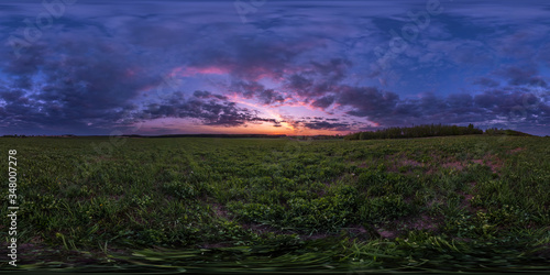 Fototapeta Naklejka Na Ścianę i Meble -  full seamless spherical hdri panorama 360 degrees angle view among fields in summer evening sunset with awesome blue pink red clouds in equirectangular projection, ready for VR AR virtual reality