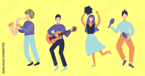 Musical group of girls and men. Guitar player, saxophonist, maracas, tambourine player. Country Music Festival. Vector flat cartoon modern style design character illustration isolated on background
