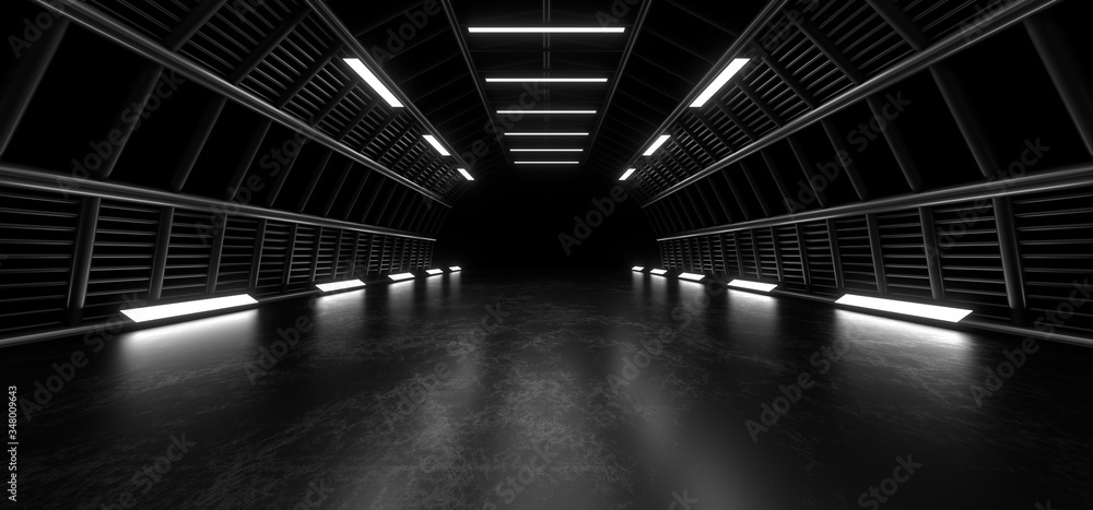 A dark tunnel of pipes illuminated by white neon lights and lamps. Blurred reflection on the floor. 3d rendering image.