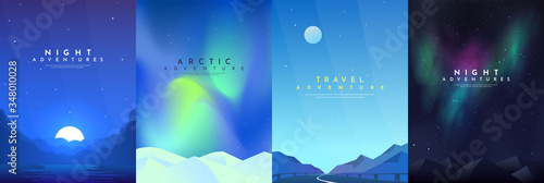 Vector abstract background set. Minimalist style. Flat concept. 4 landscapes collection. Clouds by the water, road between mountains, aurora in the Arctic, night boreal. Cover template. UI design.  photo