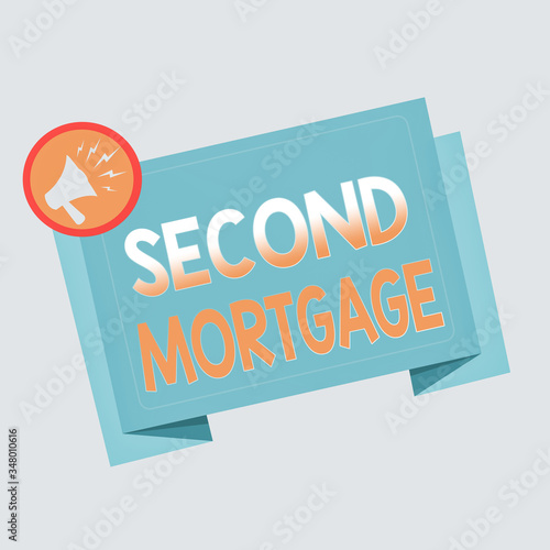 Text sign showing Second Mortgage. Business photo text lien on property which is subordinate to more senior one Megaphone Shouting Broadcasting in a circle and Tilting Blank Folded Strip photo