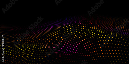 Abstract halftone background with wavy surface made of colored dots on black
