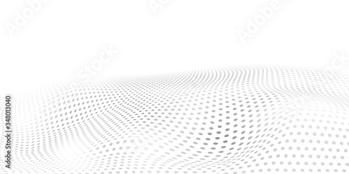 Abstract halftone background with wavy surface made of gray dots on white