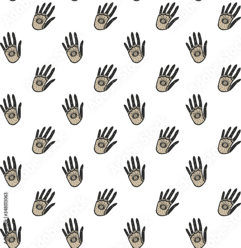 Seamless pattern of vintage black and gold stylized hands with all-seeing eyes in the centers of the palms on a white background. Endless amulet and mascot texture. Vector. © Яна Борисова