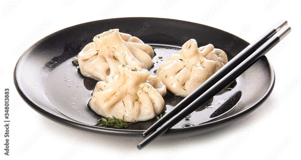 Plate with tasty dumplings on white background Plate with tasty dumplings on white background