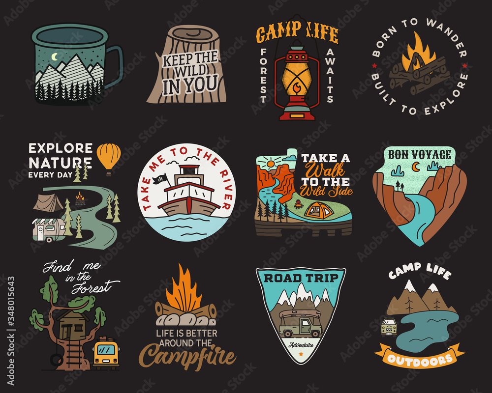 Set Of Vintage Hand Drawn Travel Logos. Hiking Labels Concepts. Mountain  Expedition Badge Designs. Travel Logos, Trekking Logotypes Collection.  Stock Vector Retro Patches Isolated On White Background Royalty Free SVG,  Cliparts, Vectors