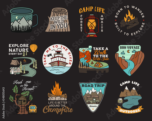 Vintage mountain camp badges logos set, Adventure patches. Hand drawn stickers designs bundle. Travel expedition, backpacking labels. Outdoor hiking emblems. Logotypes collection. Stock vector.