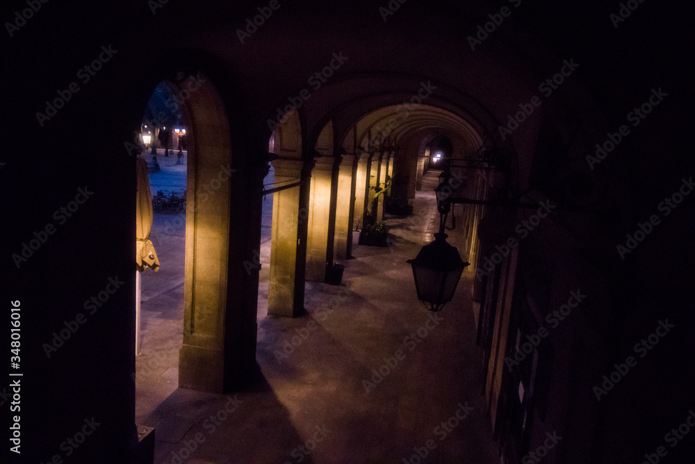 Popular Plaza Real of Barcelona during  the Covid-19 pandemic. Spain