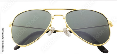 Trendy Green Aviator Sunglasses isolated on white background. Close-up Sunglasses with no reflection on white. Front View