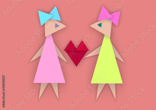Two girls with a red heart in the middle, lgbt love concept in abstract style of paper cut from triangles © Tilra
