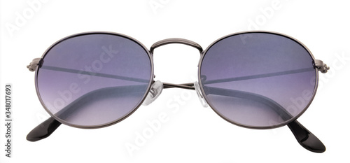 Trendy Round Sunglasses isolated on white background. Close-up Sunglasses with no reflection on white. Front View