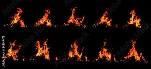 The set of 10 thermal energy flames image set on a black background. Yellow red heat energy