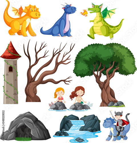 Set of fairytale characters and nature settings