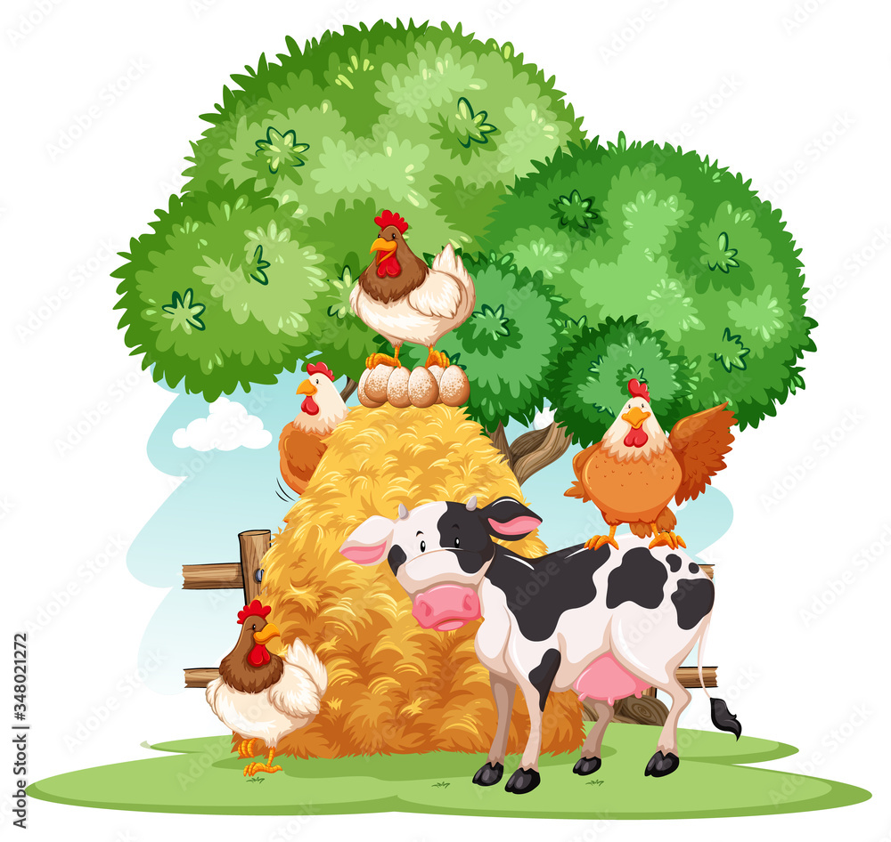 Naklejka premium Farm scene with many animals on the farm