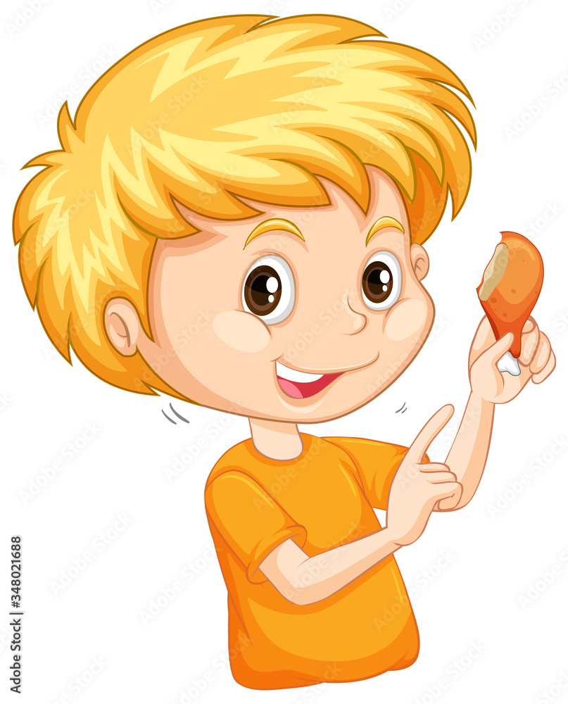 Cute boy eating fried chicken on white background Cute boy eating fried chicken on white background
