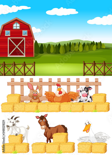 Farm scene with farm animals on the farm