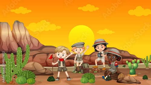 Scene with children camping out in the desert field